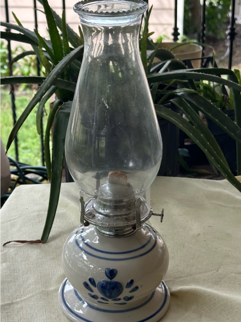 Vintage Blue & White Ceramic Oil Lamp